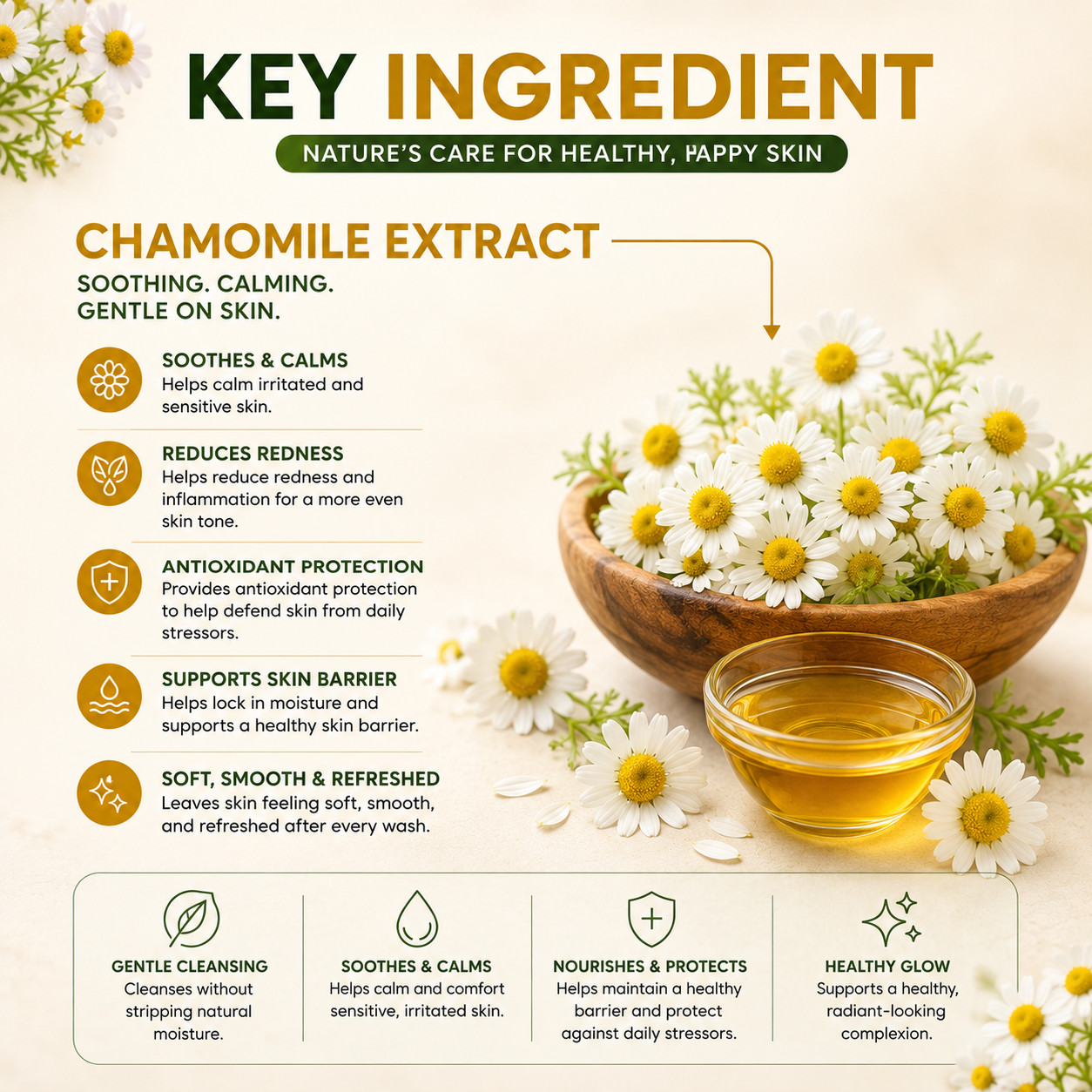 An informational graphic for chamomile extract skincare, featuring text about soothing and calming effects, a bowl of chamomile flowers, a cup of brewed liquid, and a wooden tray on a cream background.