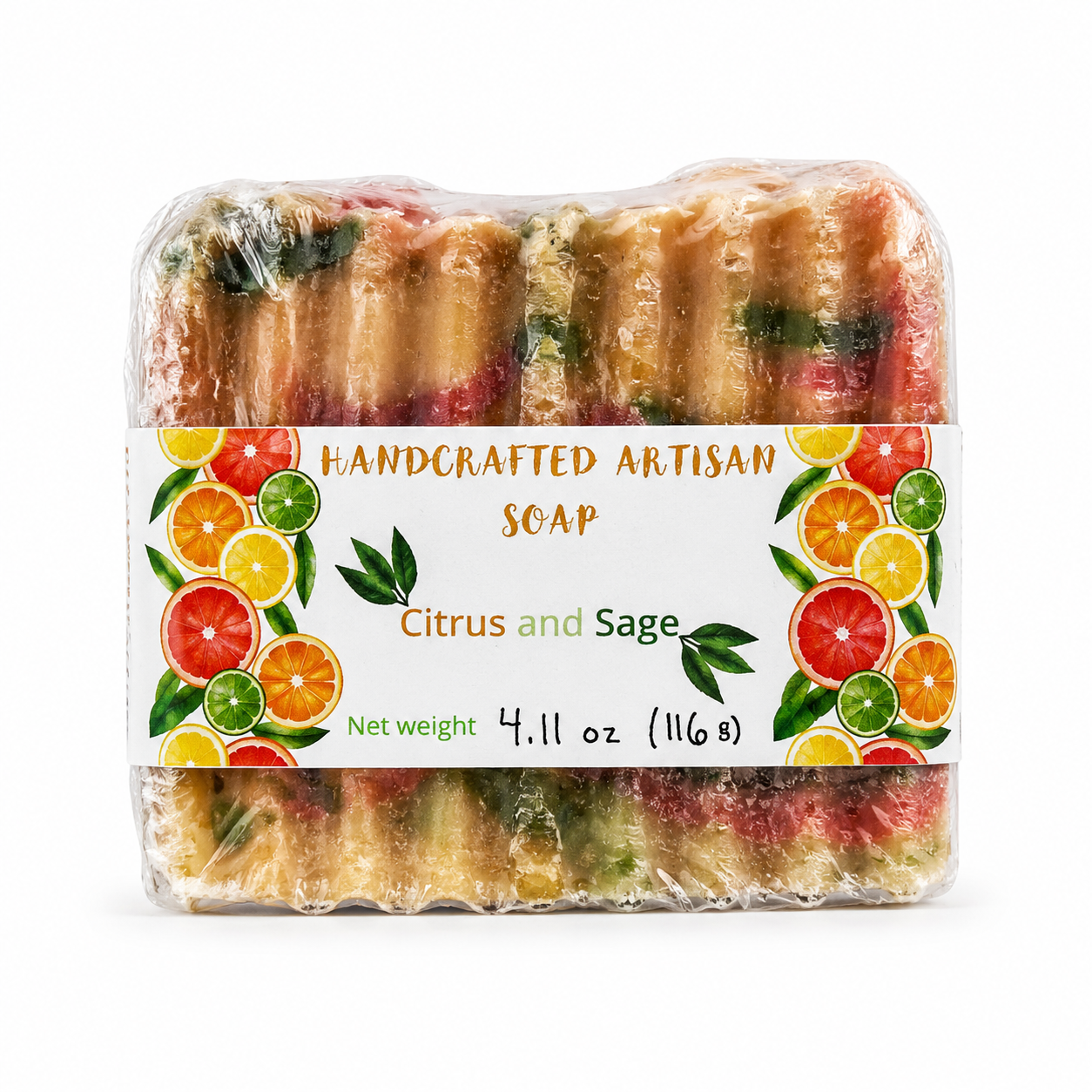 A packaged bar of handmade artisan soap labeled 'Citrus and Sage,' wrapped in clear plastic with a white paper band decorated with citrus slices and sage leaves. The soap itself appears multicolored with yellow, red, green, and orange tones visible through the transparent wrapping.