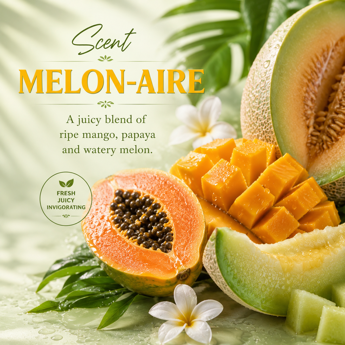 A styled product graphic for a fragrance named MELON-AIRE, showing sliced melon and papaya with text describing the scent as a juicy blend of ripe mango, papaya, and watery melon. The image has a light green tropical background with leaves and white flowers.
