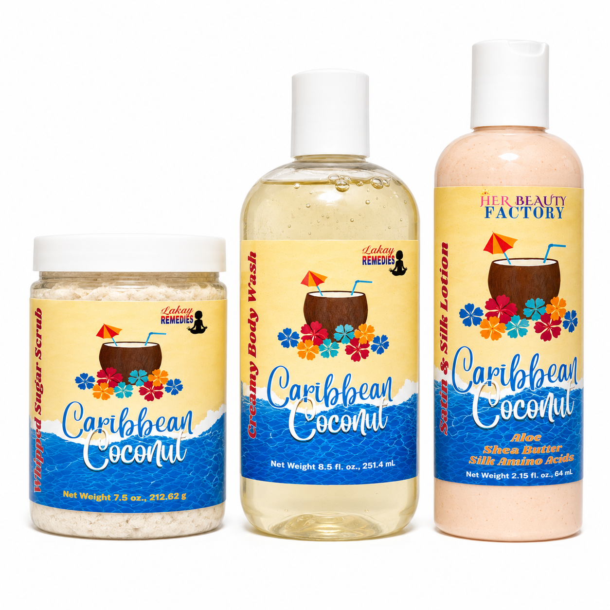 Three coconut-themed body care products from Lakay Remedies on a white background: a jar of Caribbean Coconut sugar scrub, a bottle of Caribbean Coconut body wash, and a bottle of Her Beauty Factory Caribbean Coconut silk amino acid lotion.