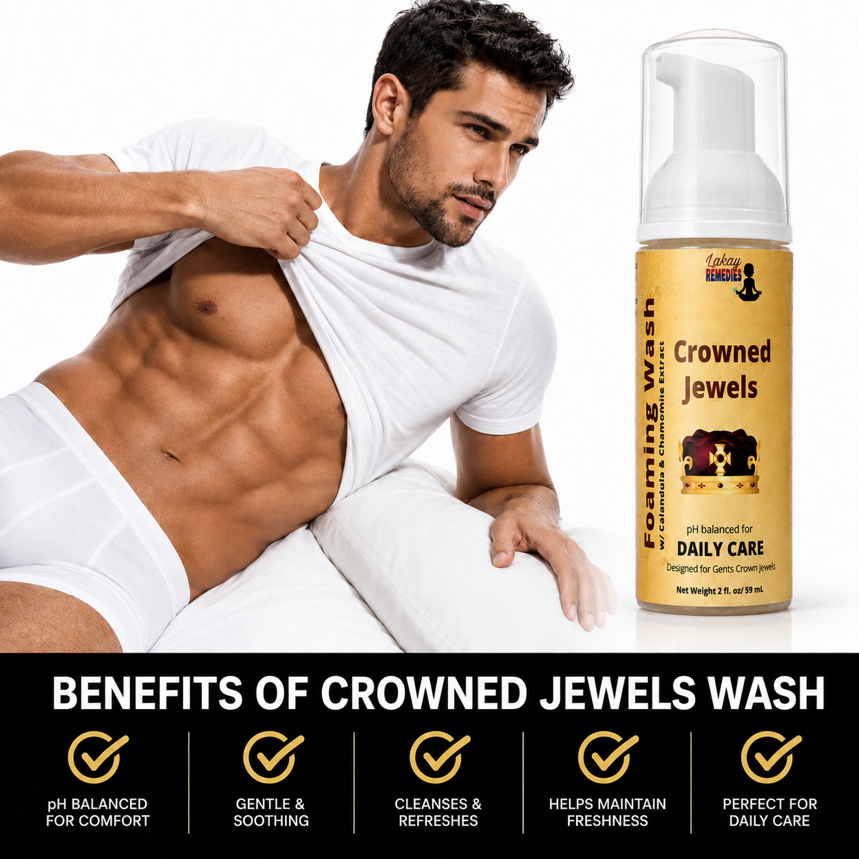 A man in a white towel and underwear pulls up his shirt to reveal his torso, standing beside a bottle of Crowned Jewels Foaming Wash. The image includes a black banner at the bottom with the text 'BENEFITS OF CROWNED JEWELS WASH' and five benefit icons.
