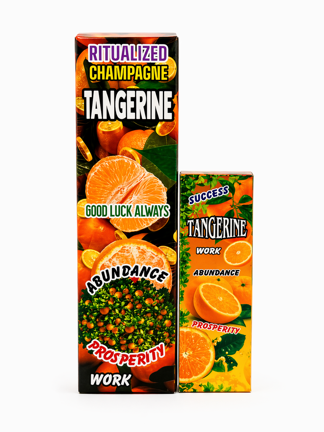 Two boxes of 'Ritualized Champagne Tangerine' with tangerine illustrations and text on a white background.