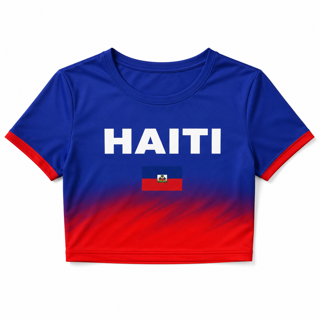 Blue and red crop top with 'HAITI' and a flag design on a white background