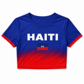 Blue and red crop top with 'HAITI' and a flag design on a white background