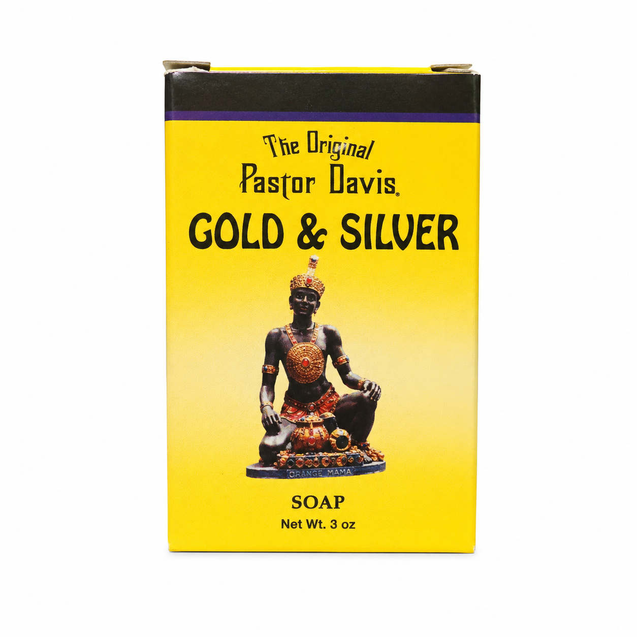 Pastor Davis Gold & Silver Soap box packaging, featuring a bright yellow background with a black top band, black text, and an illustration of a seated deity statue.
