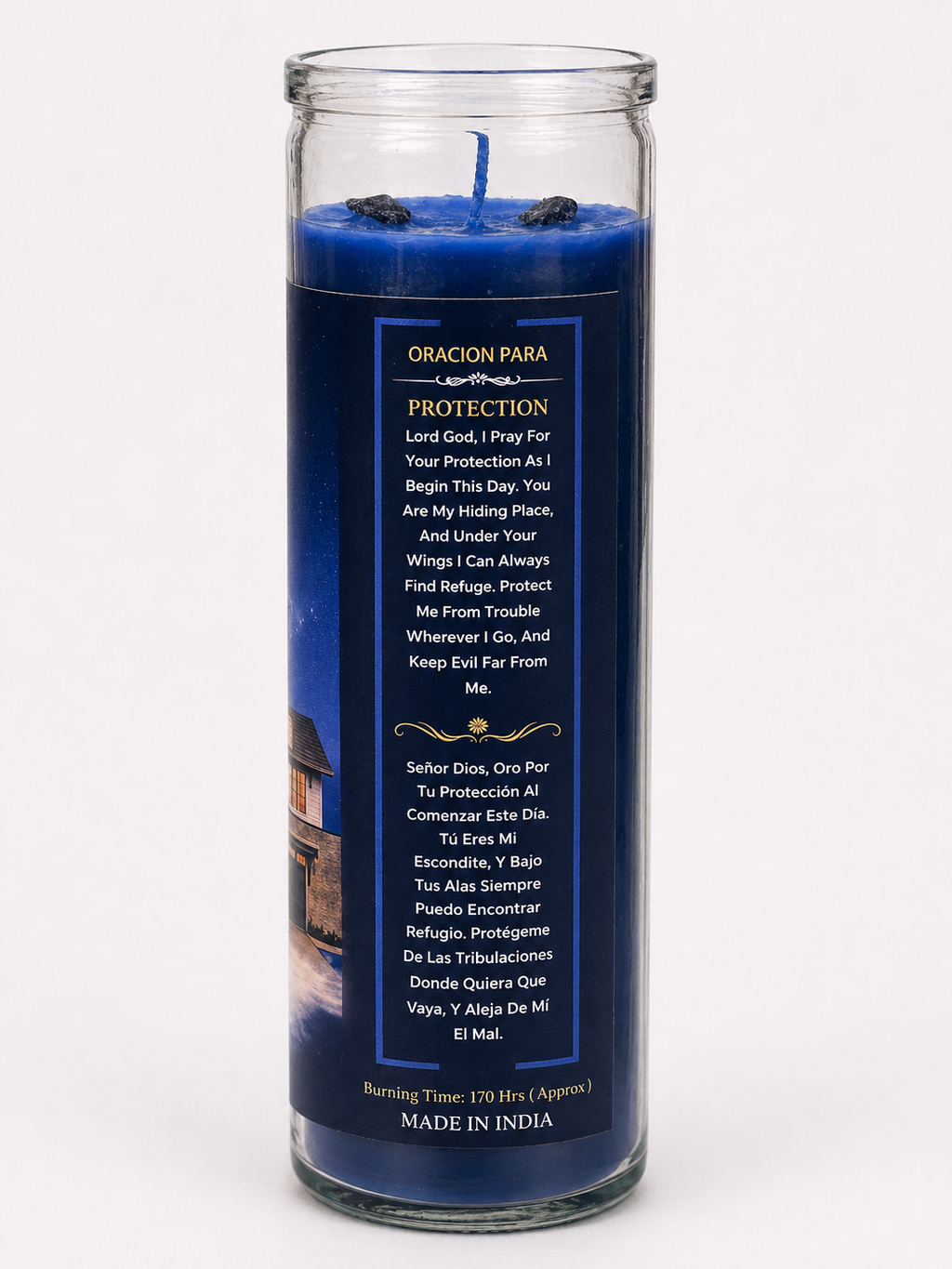 Blue prayer candle with text on a white background