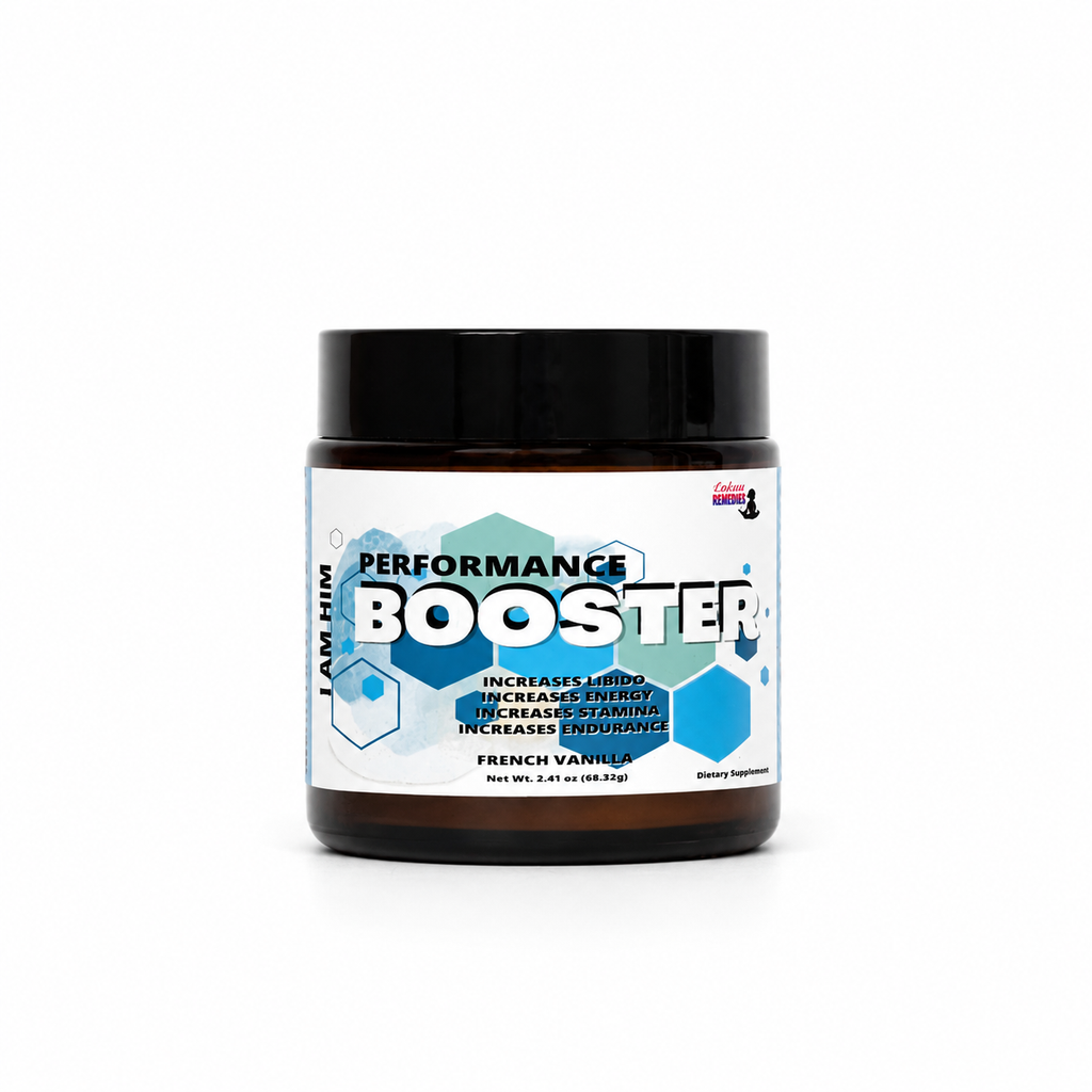 A dark brown supplement jar with a black lid and a white label featuring blue and teal graphics. The label reads 'PERFORMANCE BOOSTER'.
