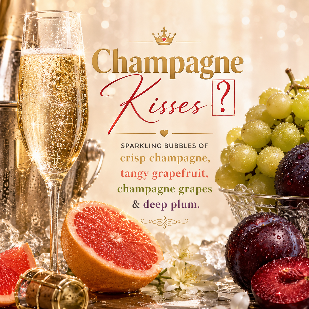 A styled champagne-themed graphic with a filled flute, sparkling liquid, grapes, sliced grapefruit, plums, ice, and the text 'Champagne Kisses ?' with a subtitle about sparkling bubbles and fruit flavors.