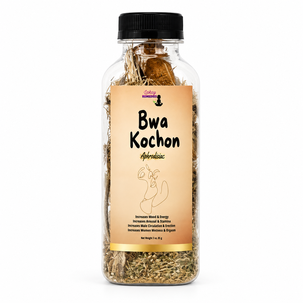 A clear plastic bottle of Bwa Kochon herbal supplement with a black cap and a beige label, filled with dried herbs, on a white background.