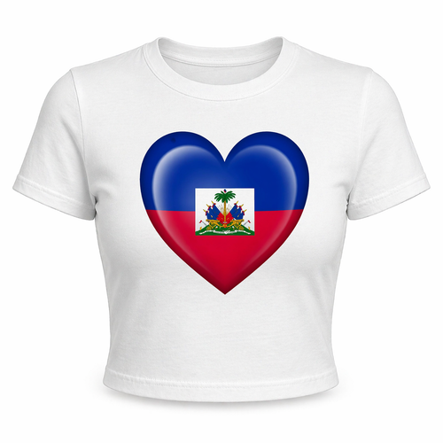 White t-shirt with a heart-shaped design featuring the Haitian flag on a white background