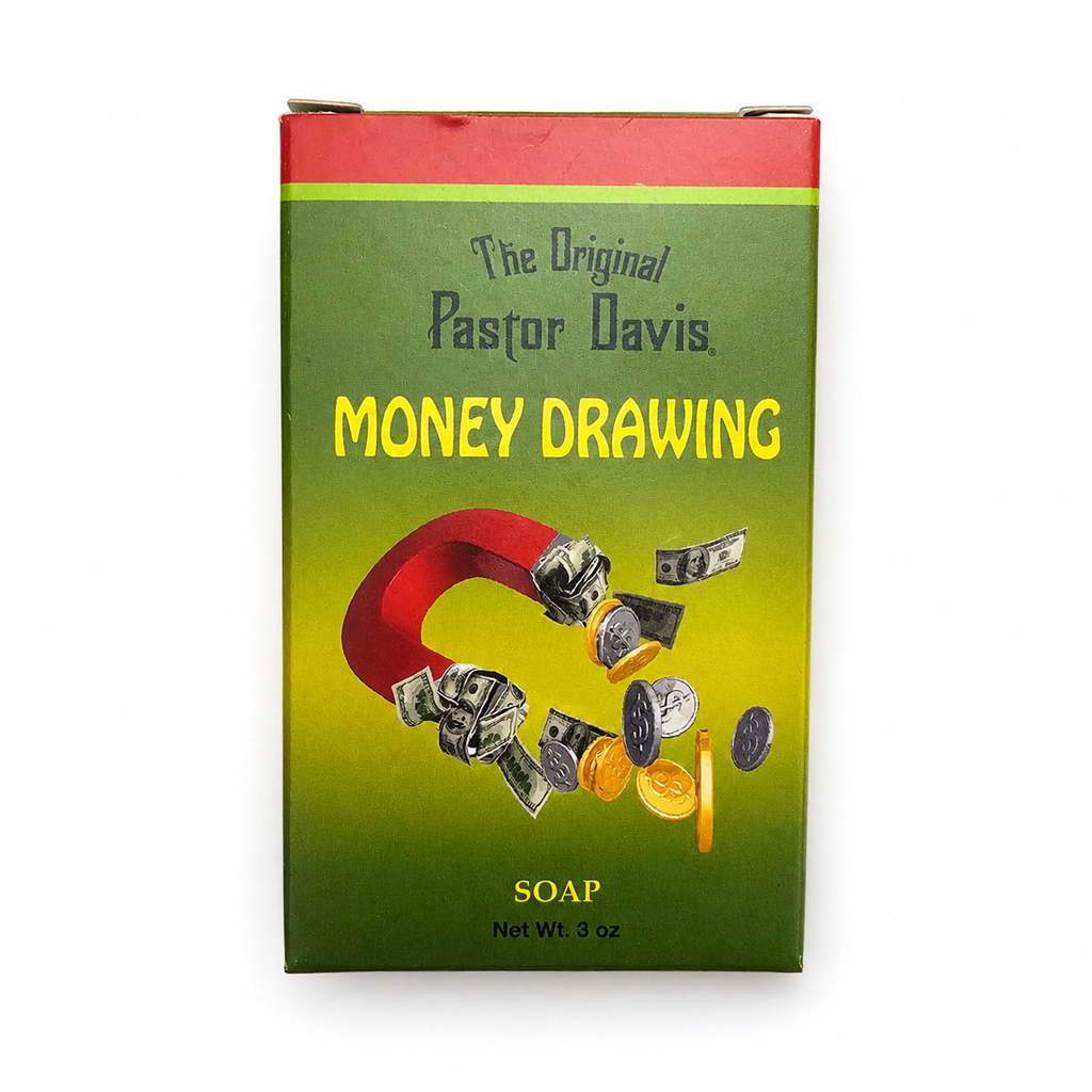 A rectangular box of 'The Original Pastor Davis Money Drawing Soap' on a white background. The box features a green and yellow gradient design with an illustration of a red horseshoe holding dollar bills and coins.