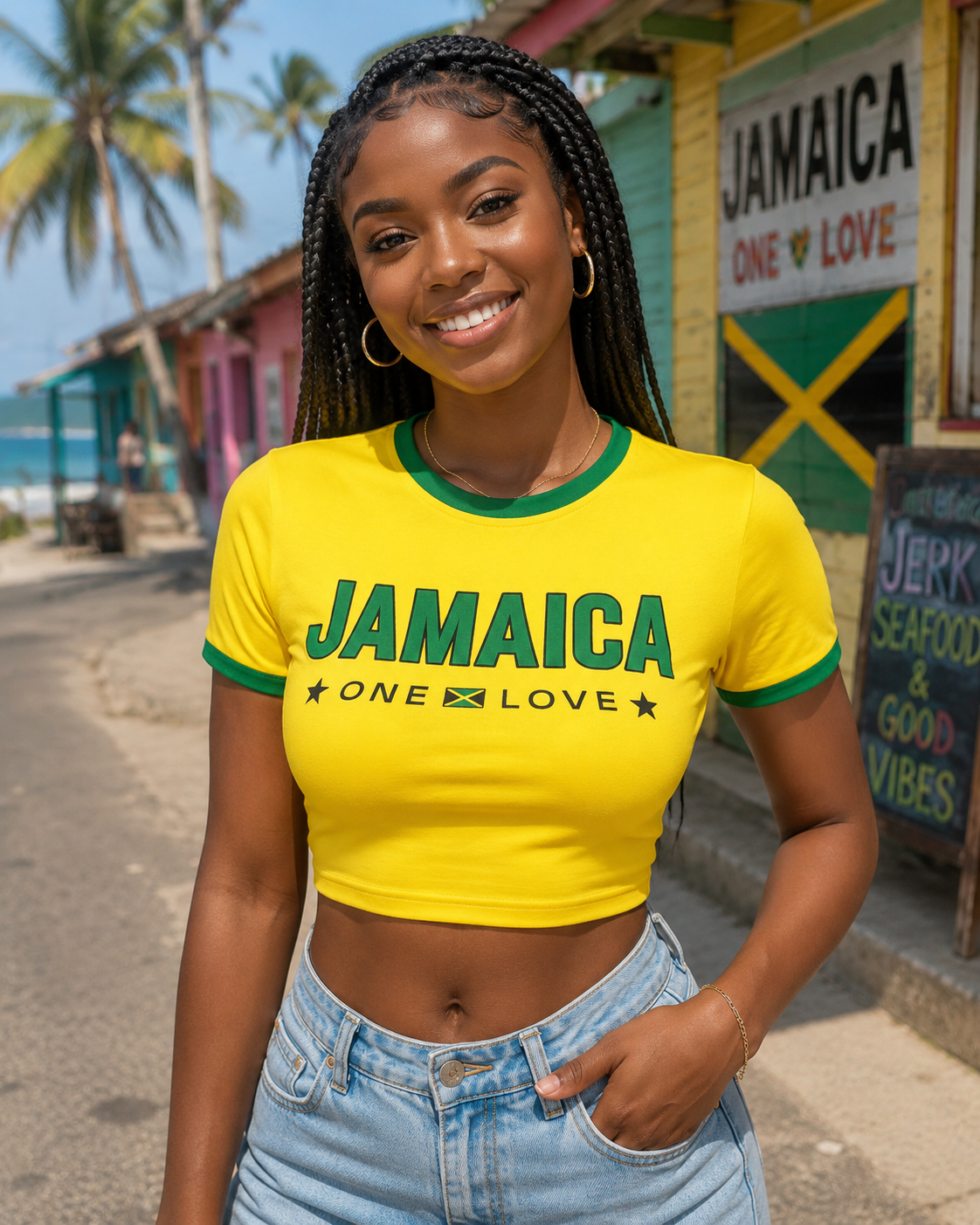Woman wearing a yellow 'Jamaica One Love' shirt in front of a Jamaican flag and building.