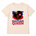 Beige t-shirt with 'Haitian Queen' graphic design featuring a woman with flowers in her hair on a white background.