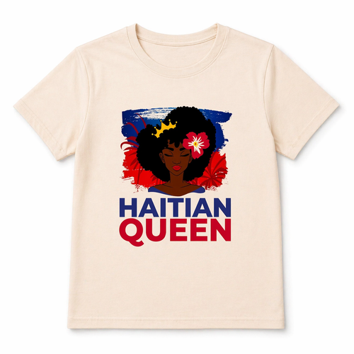 Beige t-shirt with 'Haitian Queen' graphic design featuring a woman with flowers in her hair on a white background.