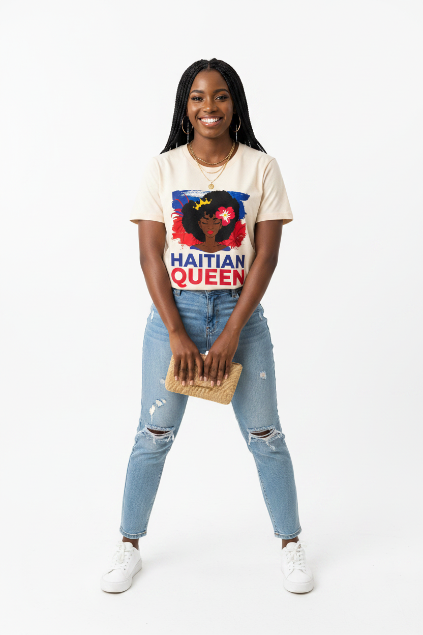 Beige t-shirt with 'Haitian Queen' graphic design featuring a woman with flowers in her hair on a white background.
