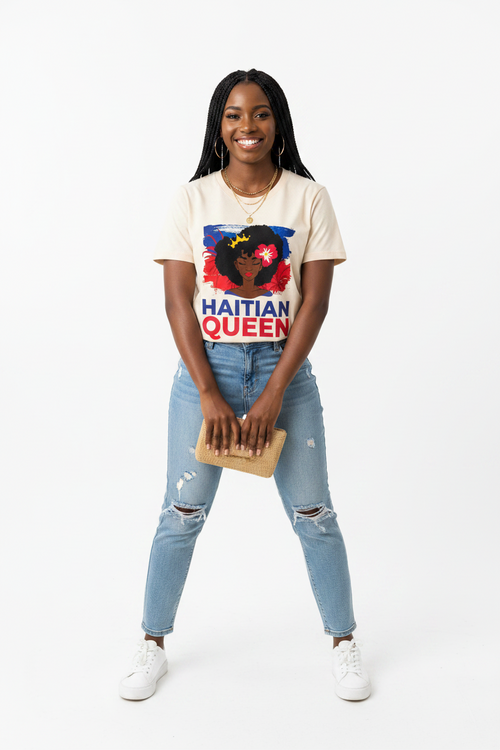 Beige t-shirt with 'Haitian Queen' graphic design featuring a woman with flowers in her hair on a white background.
