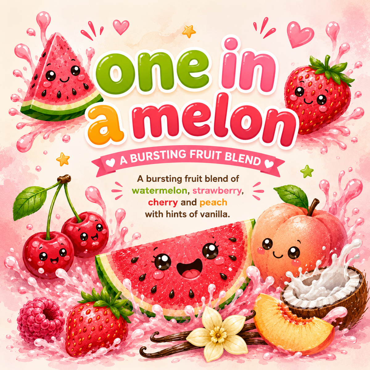 A colorful illustrated fruit blend label reading 'one in a melon' with cartoon watermelon slices, strawberries, cherries, peach, coconut, raspberries, vanilla beans, and pink splash effects on a light pink background.