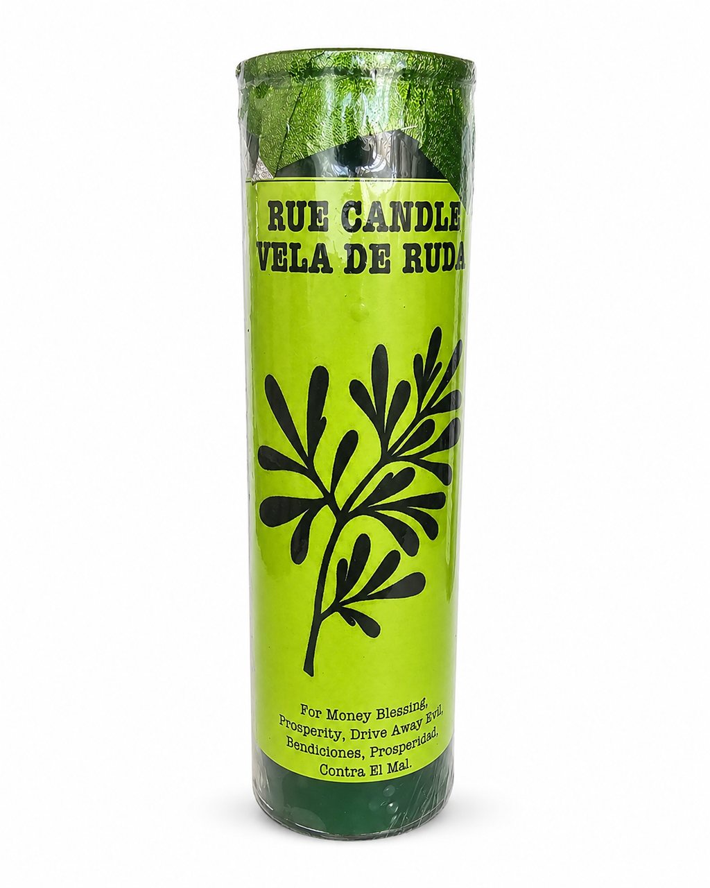 Green candle with black text and leaf design on a white background
