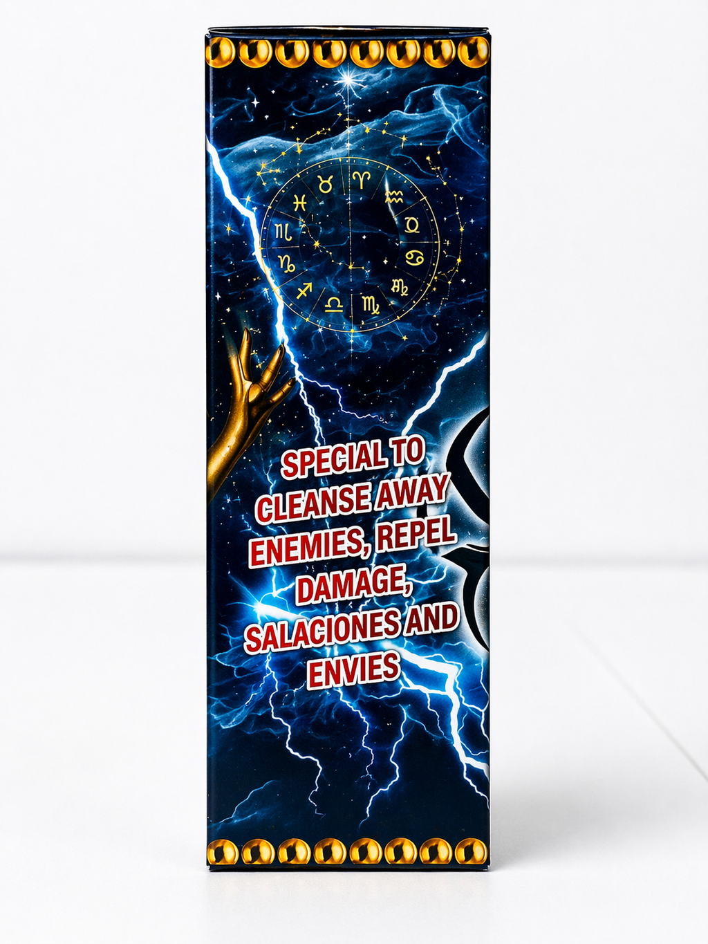Product packaging with astrological symbols and text on a dark background