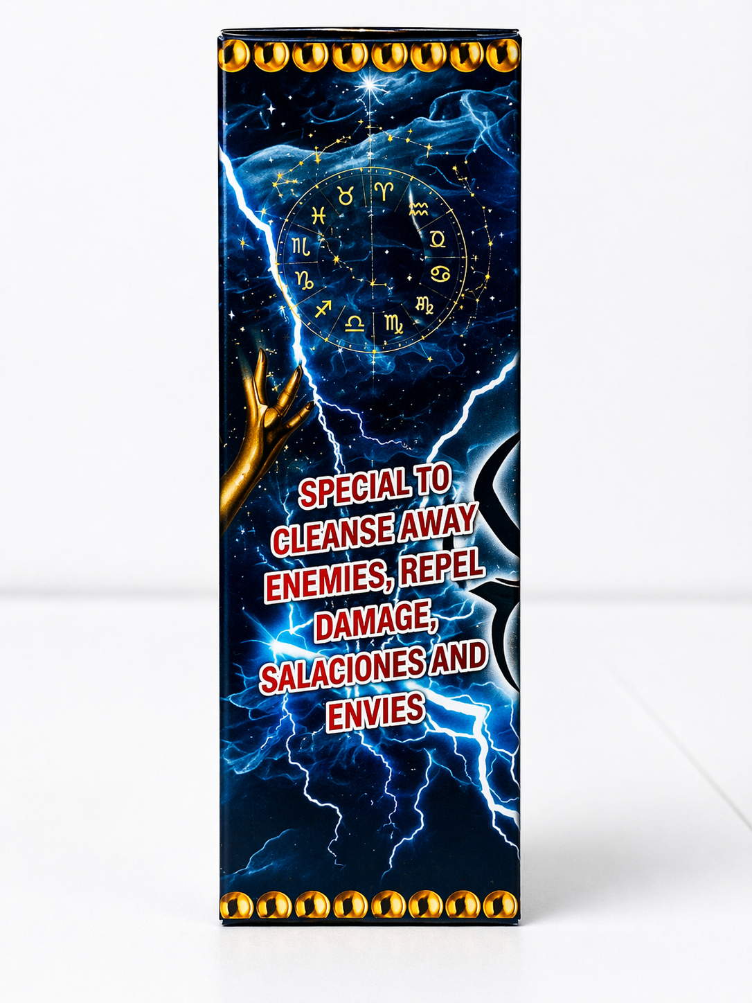 Product packaging with astrological symbols and text on a dark background
