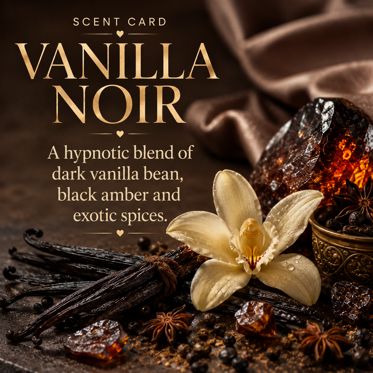 Scent card graphic for Vanilla Noir, showing large gold text on a dark brown background with vanilla beans, a cream orchid flower, star anise, amber spices, and draped brown fabric. The text reads: 'VANILLA NOIR' and 'A hypnotic blend of dark vanilla bean, black amber and exotic spices.