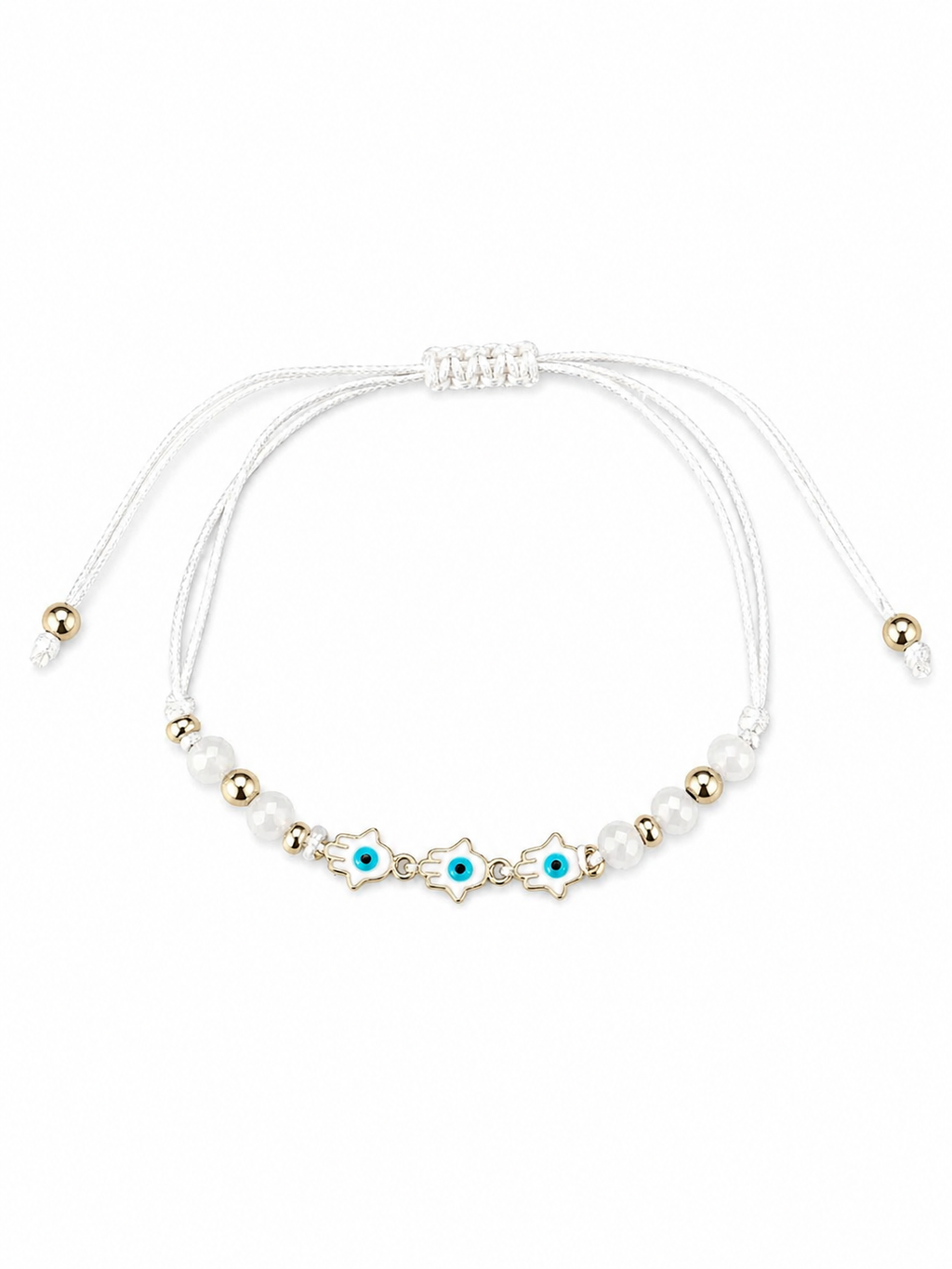 Delicate bracelet with pearls, blue beads, and gold accents on a white background