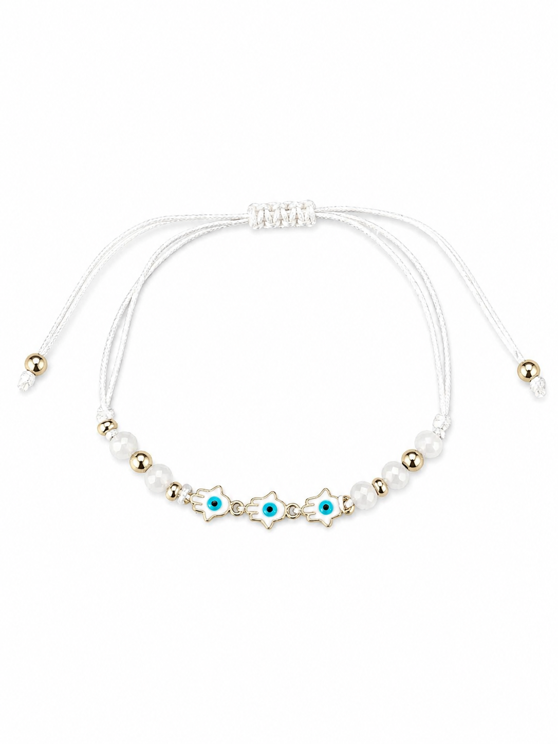 Delicate bracelet with pearls, blue beads, and gold accents on a white background