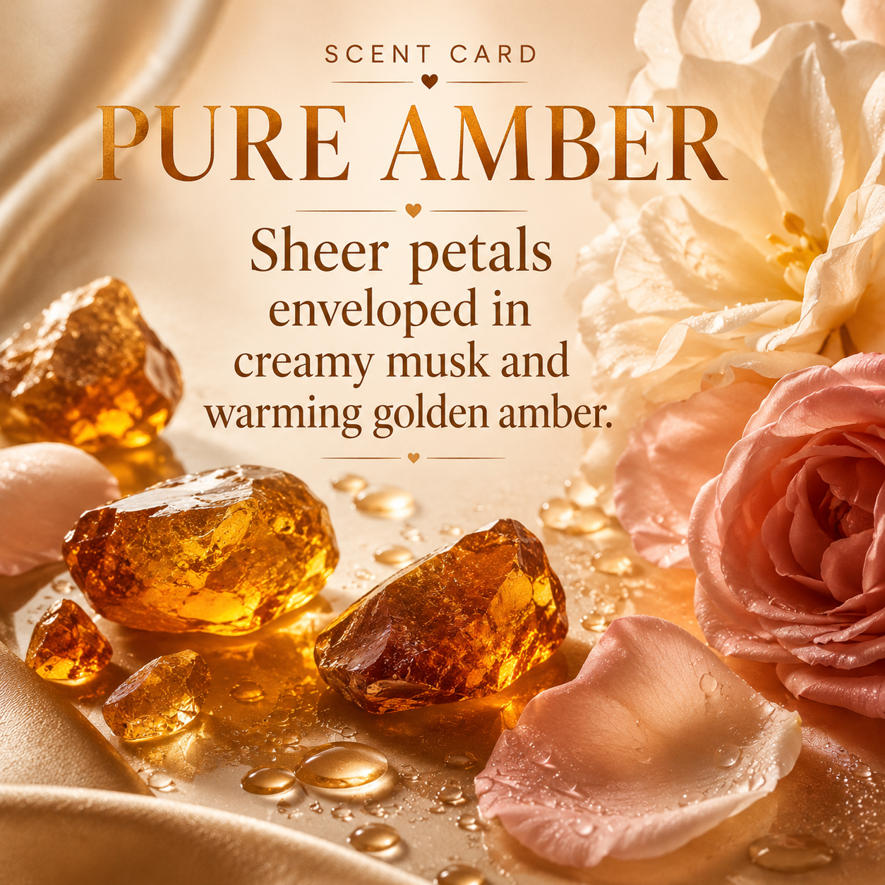 Scent card graphic for 'PURE AMBER' featuring amber resin crystals, pink rose petals, and cream blossoms on a warm beige background with descriptive text about sheer petals and creamy musk.