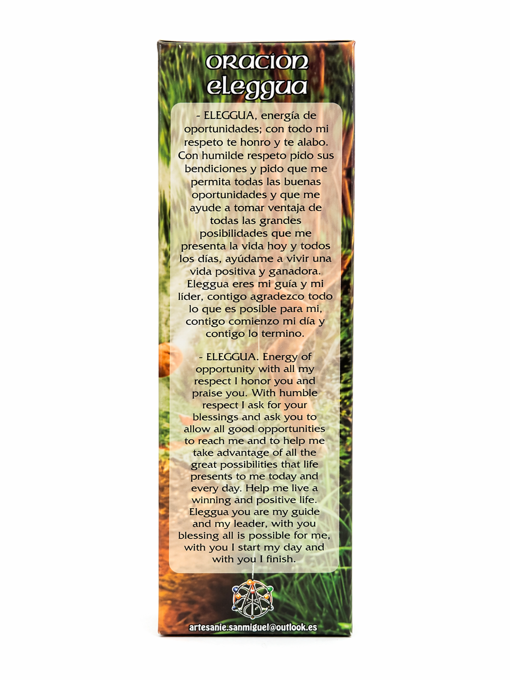 Oracion Eleggua prayer card with text and design on a white background