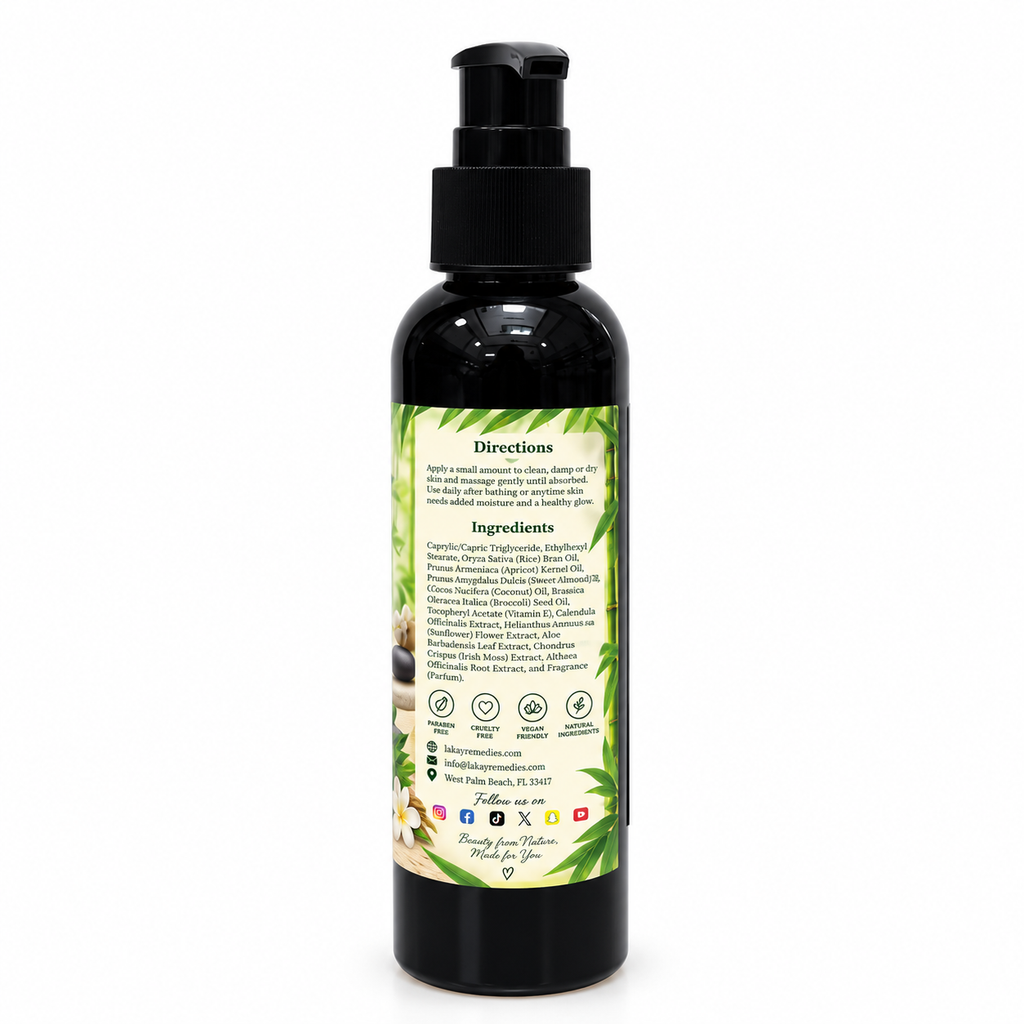 Lakay Remedies Zen Garden Body Oil 4 oz in black pump bottle with bamboo and jasmine botanical label – lightweight hydrating body oil with aloe, vetiver and soft musk fragrance.