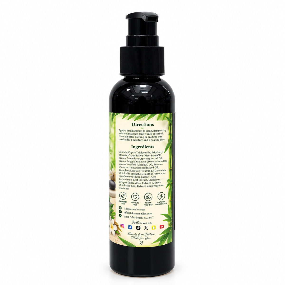 Lakay Remedies Zen Garden Body Oil 4 oz in black pump bottle with bamboo and jasmine botanical label – lightweight hydrating body oil with aloe, vetiver and soft musk fragrance.