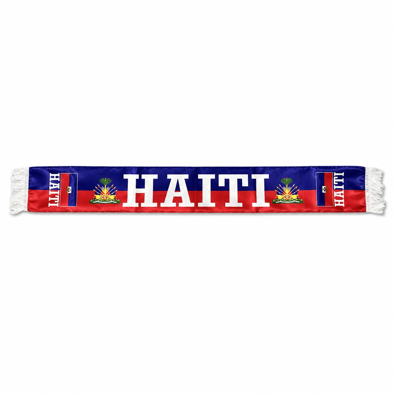 Haiti-themed scarf with national colors and emblem on a white background