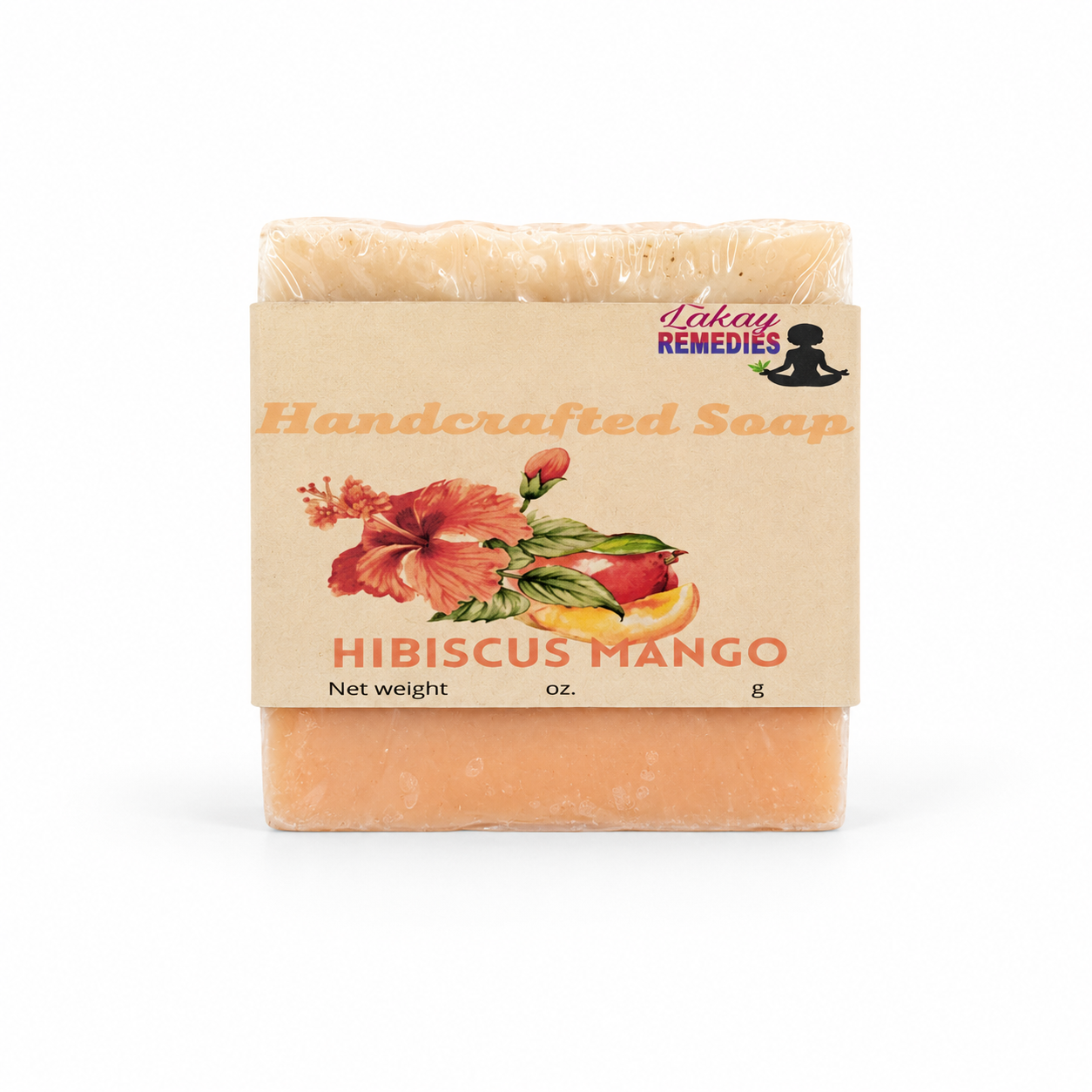 A packaged handmade soap bar labeled 'Hibiscus Mango' by Lakay Remedies, showing the cream-colored soap and a tan paper sleeve with hibiscus flower illustrations, on a white background.