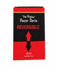 The Original Pastor Davis Reversible Soap box, featuring a black and red design with white and red text and arrows indicating the dual-state soap product.