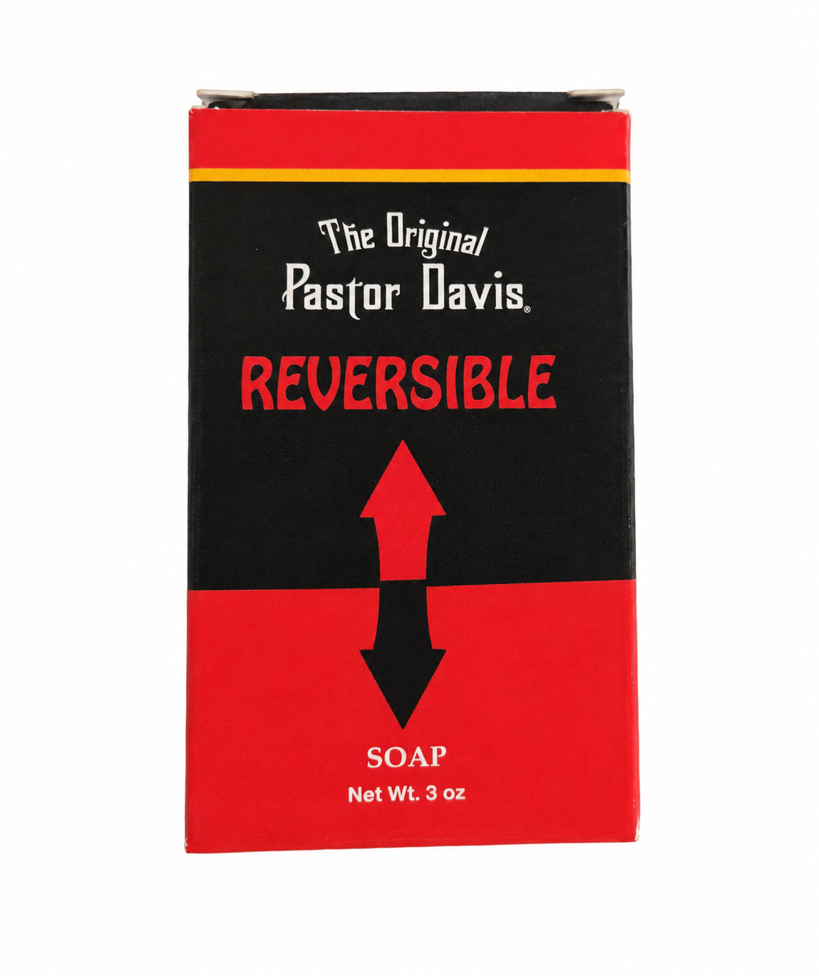 The Original Pastor Davis Reversible Soap box, featuring a black and red design with white and red text and arrows indicating the dual-state soap product.
