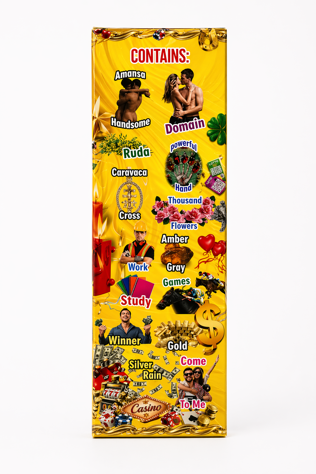 Colorful packaging with product names on a yellow background
