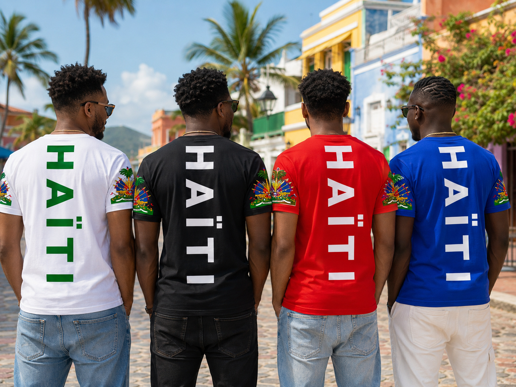 Four individuals wearing 'Haiti' t-shirts in different colors with floral designs on a street background.