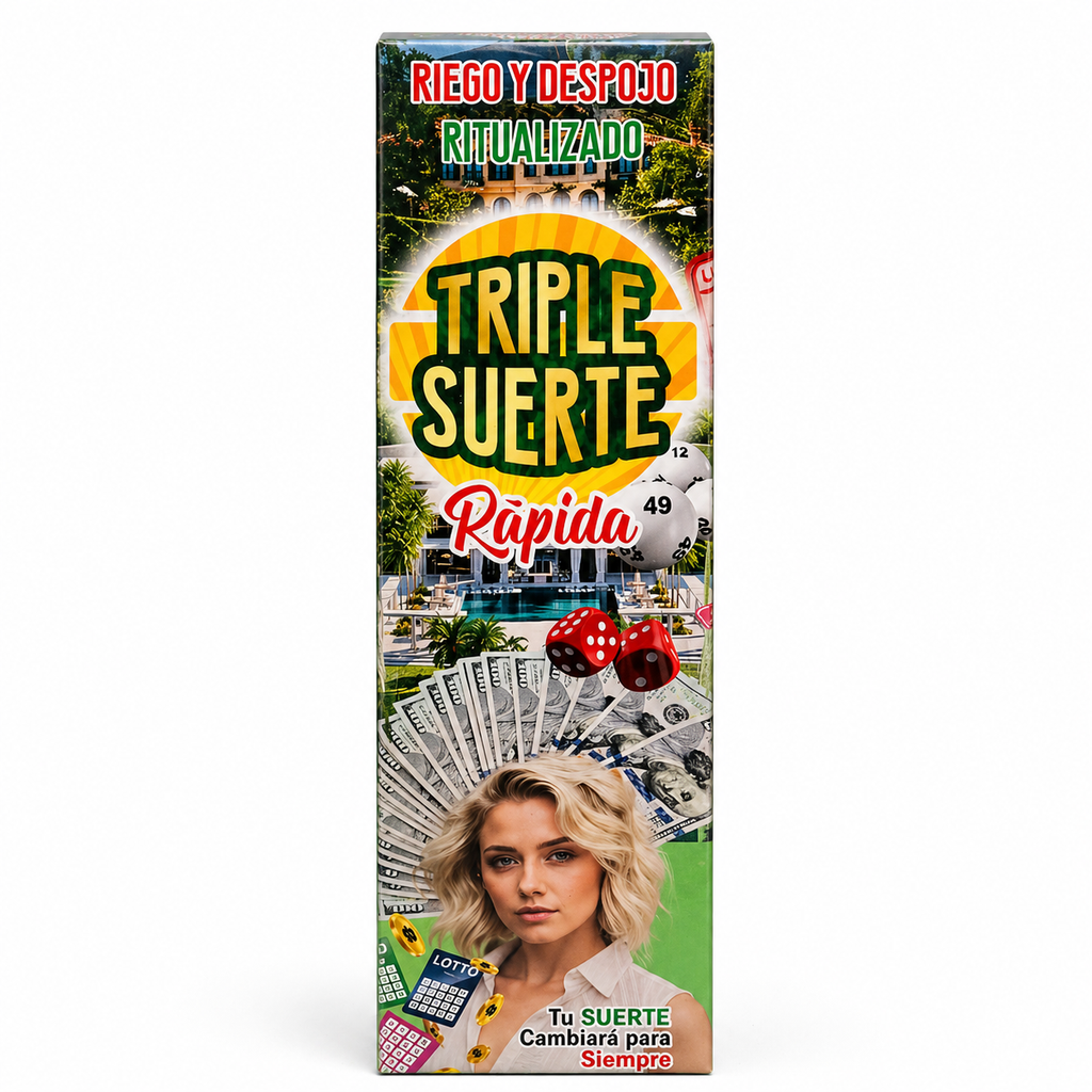 Product packaging with text and images of money, dice, and a woman's face on a white background.