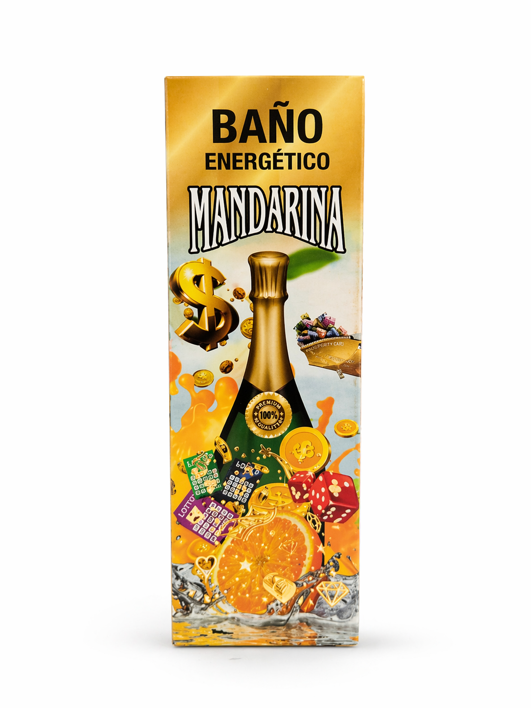 Mandarin orange floor wash packaging with 'Bóño Energético' text on a white background