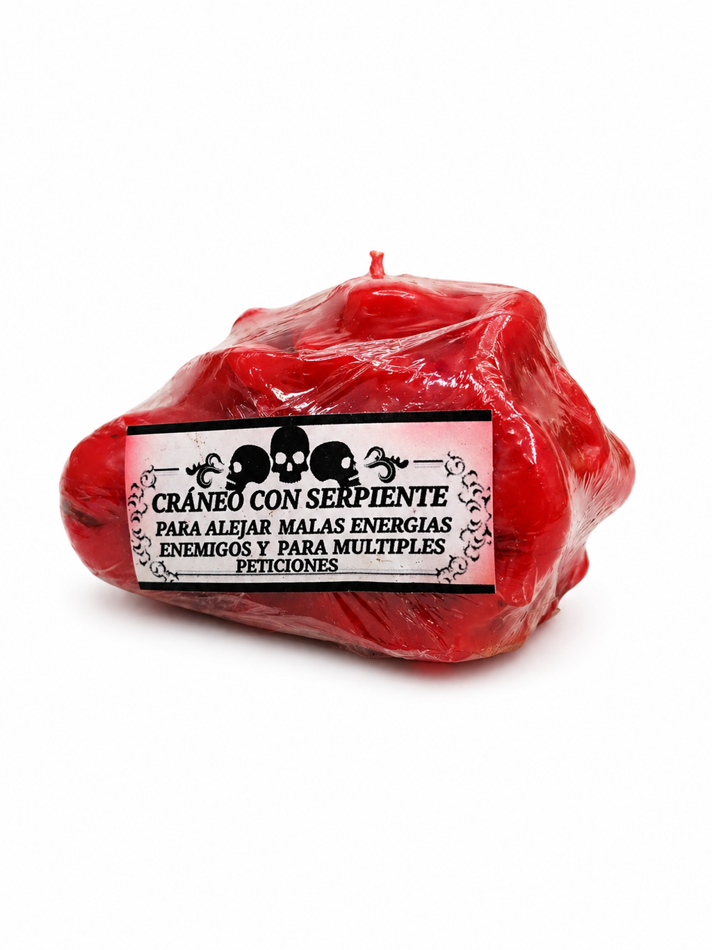 Red skull candle wrapped in plastic with a label on a white background