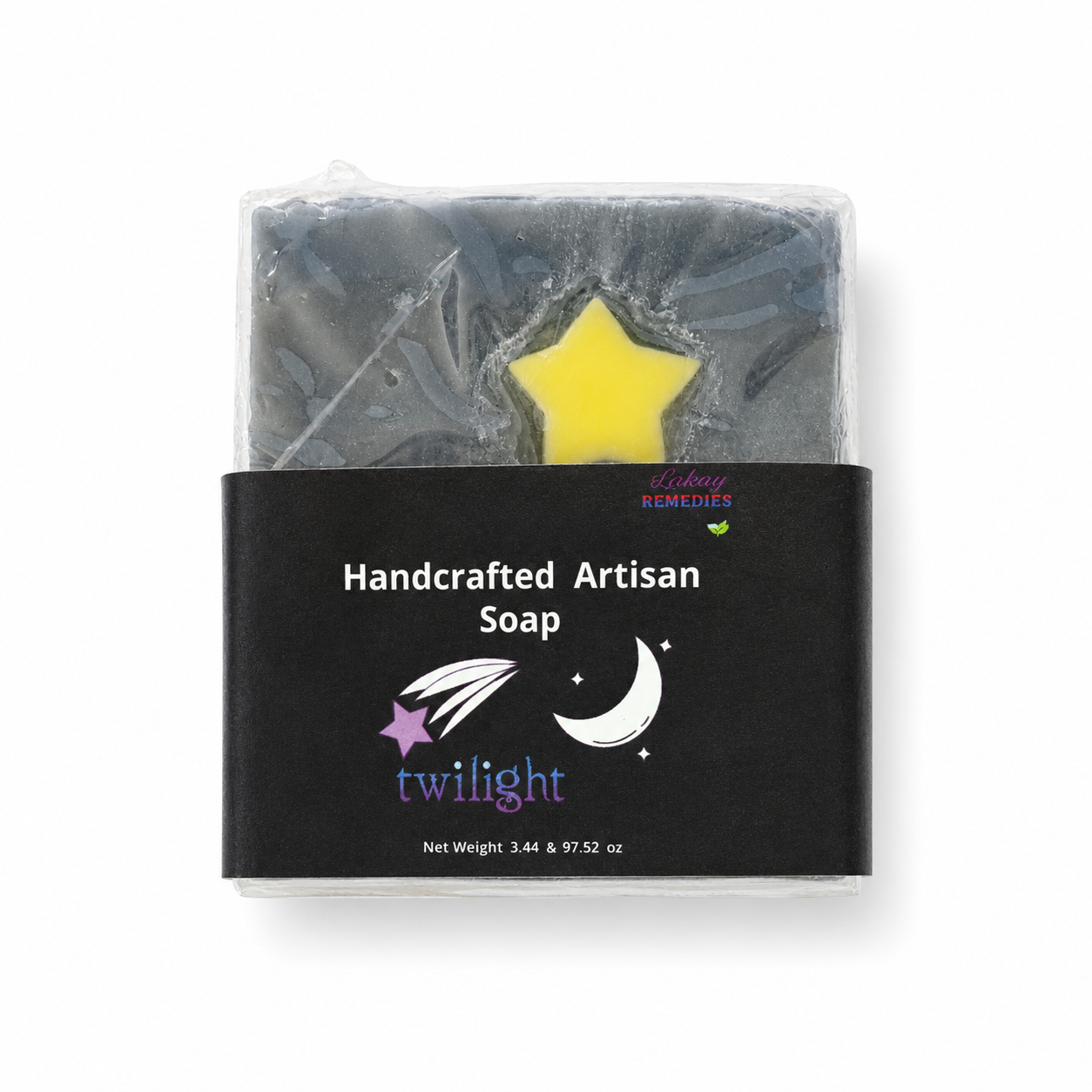 A packaged bar of handcrafted artisan soap labeled 'twilight' with a black label, showing a dark gray soap bar with a yellow star detail behind a clear plastic wrapper on a white background.