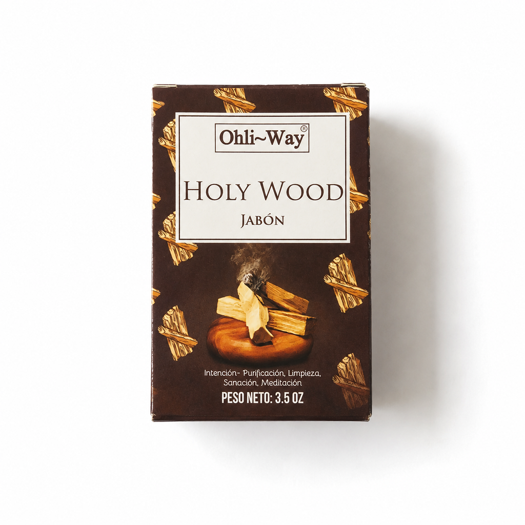A box of Ohli-Way Holy Wood incense (Jabón) on a clean white background. The packaging is dark brown with gold illustrations of wood shavings and a central white label containing the brand name and product type.