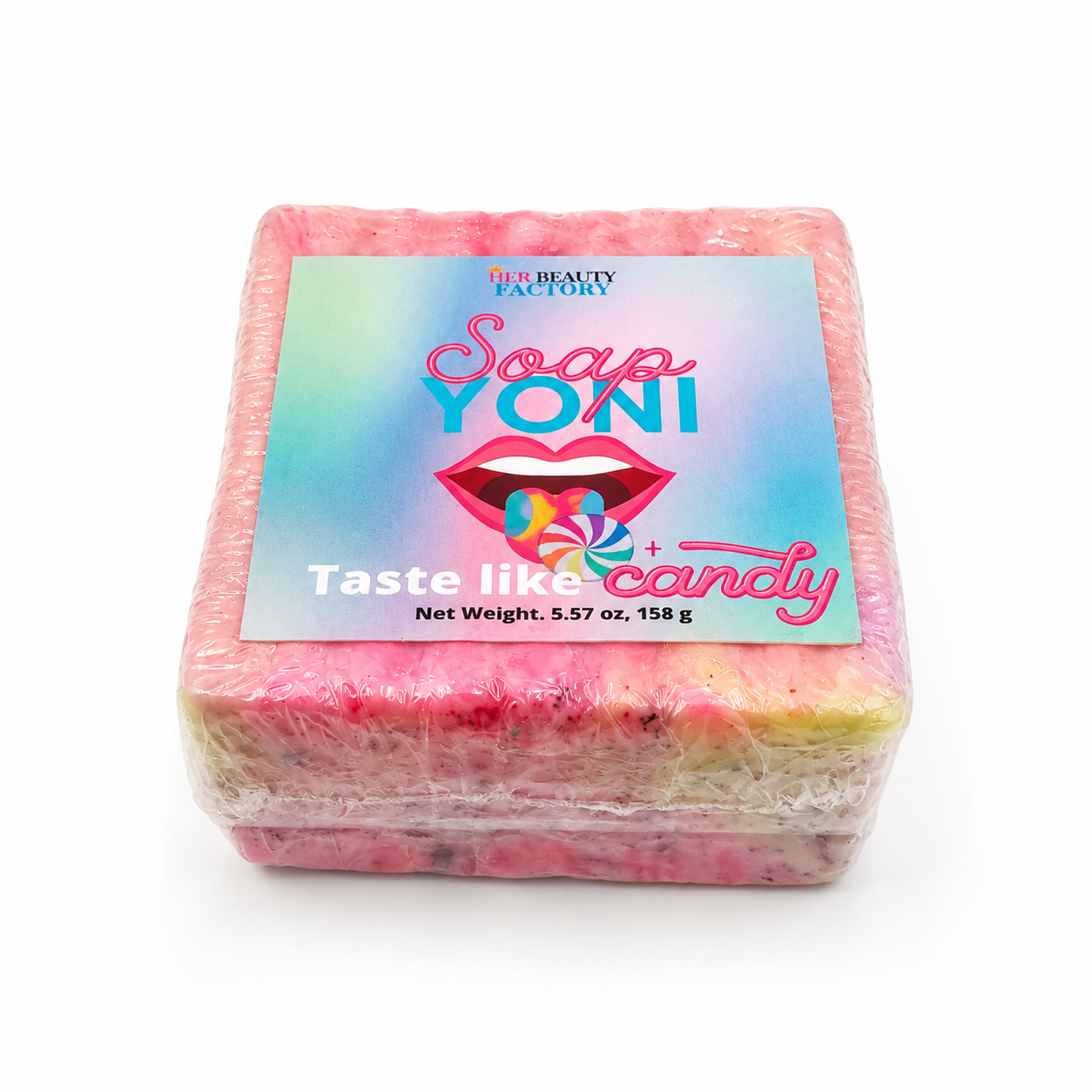 A square bar of handmade soap wrapped in clear plastic, featuring a colorful label that reads 'Soap Yoni' and 'Taste like candy' with a pink lips graphic. The soap has a pink and purple marbled texture with hints of yellow edges, set against a plain white background.