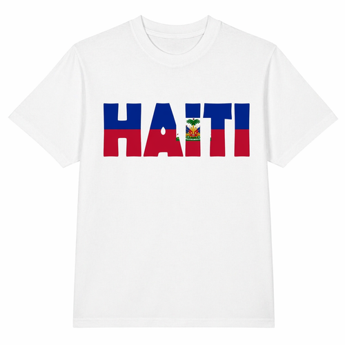 White t-shirt with 'HAITI' in red, blue, and white on a white background