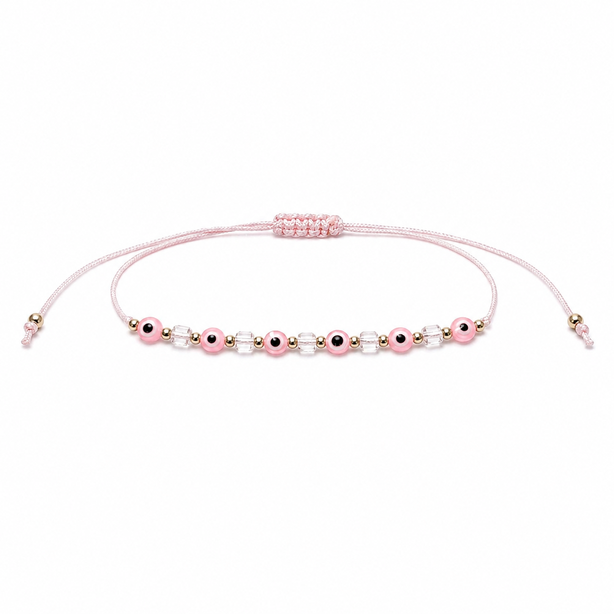 Pink beaded bracelet on a white background