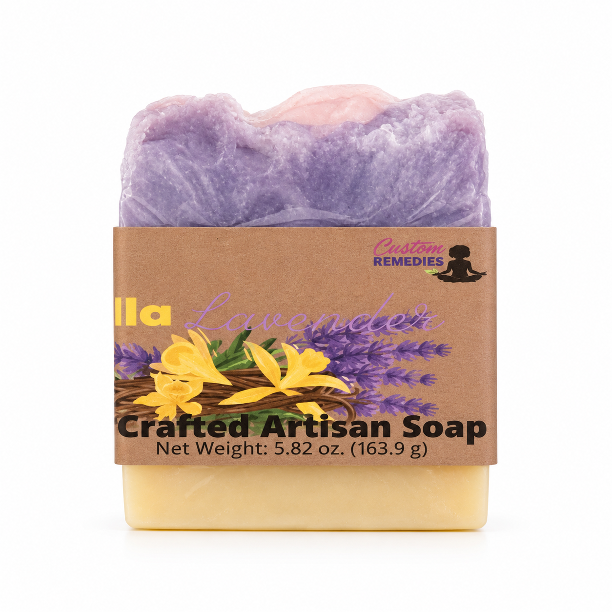 A bar of lavender artisan soap wrapped in a brown kraft paper label. The soap has a dual-tone design with purple on the top half and pale yellow on the bottom half.