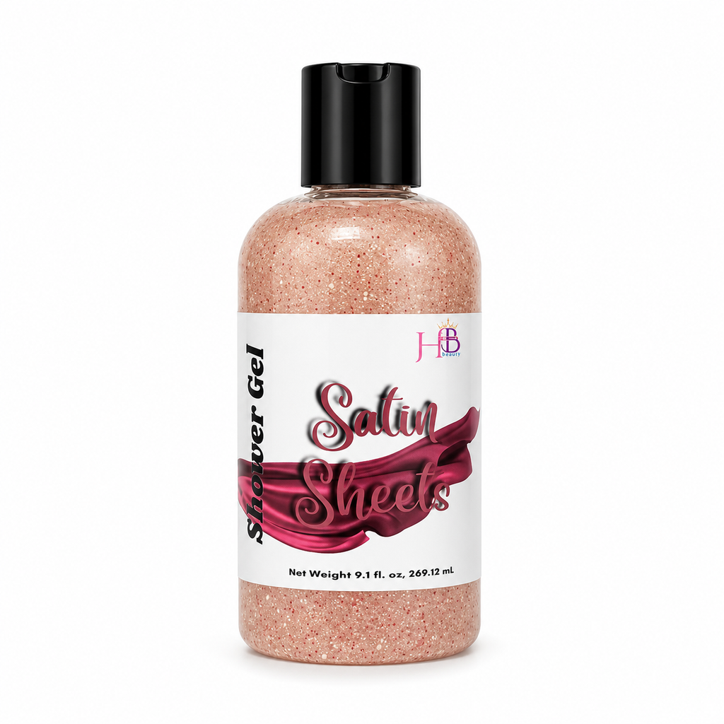 A bottle of Her Beauty Factory Shower Gel labeled 'Satin Sheets' featuring a black cap and a white label with pink and red text, set against a plain white background.