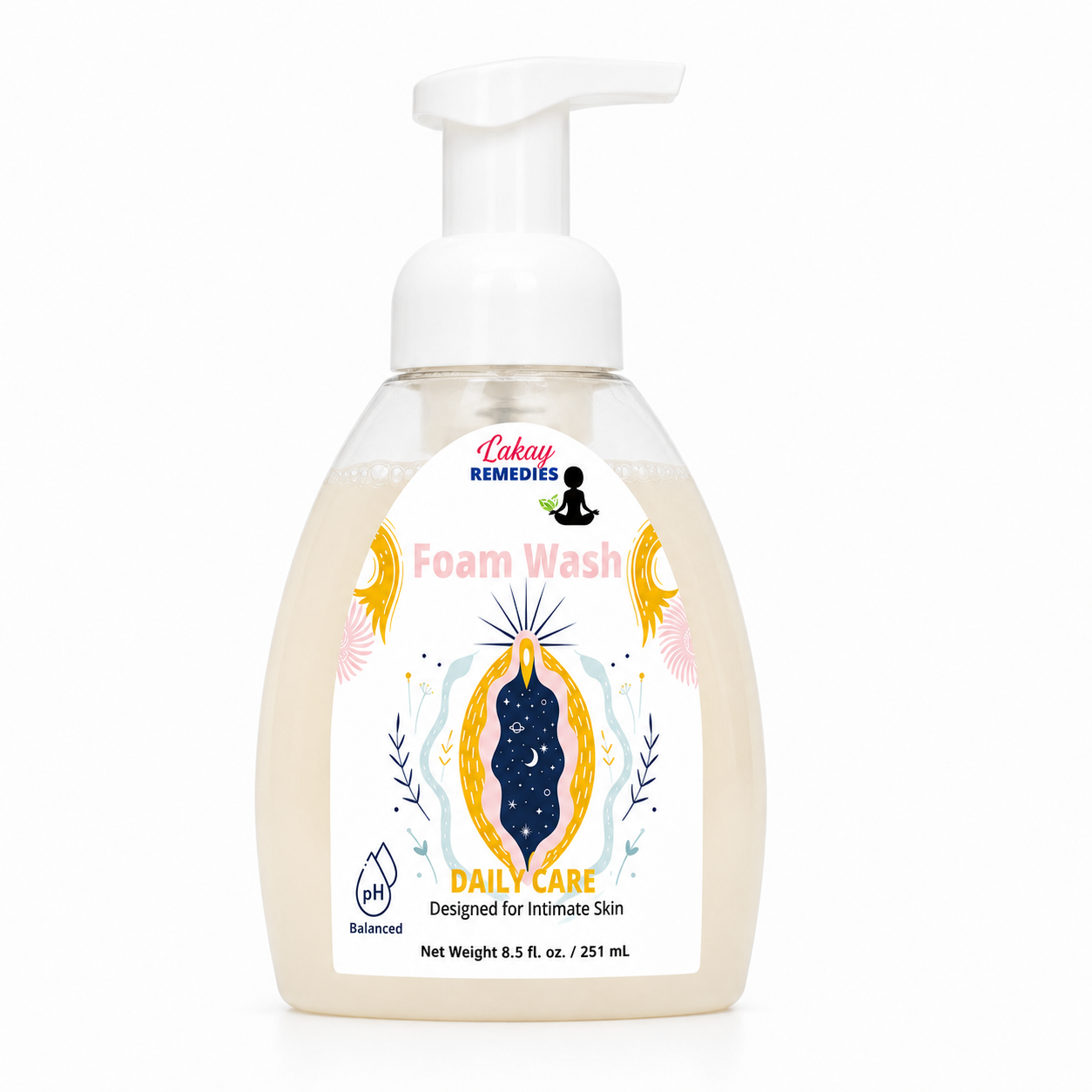 A bottle of Lakay Remedies Foam Wash for daily intimate skin care, featuring a white pump dispenser and a colorful label with a blue and yellow design, set against a plain white background.