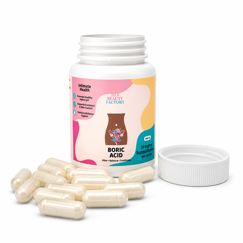 Bottle of Boric Acid capsules with a colorful label on a white background