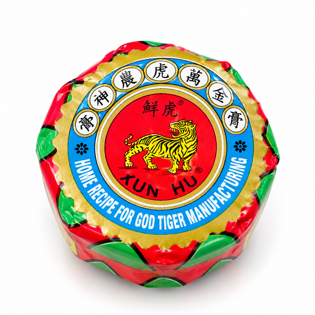 Xun Hu God Tiger Balm original packaging showing yellow tiger emblem and Chinese characters.